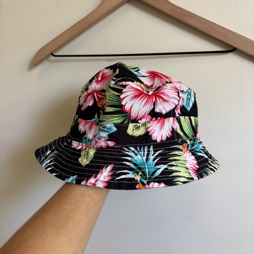 RUST Premium Headwear Black Tropical Floral Hibiscus Bucket Hat L/XL